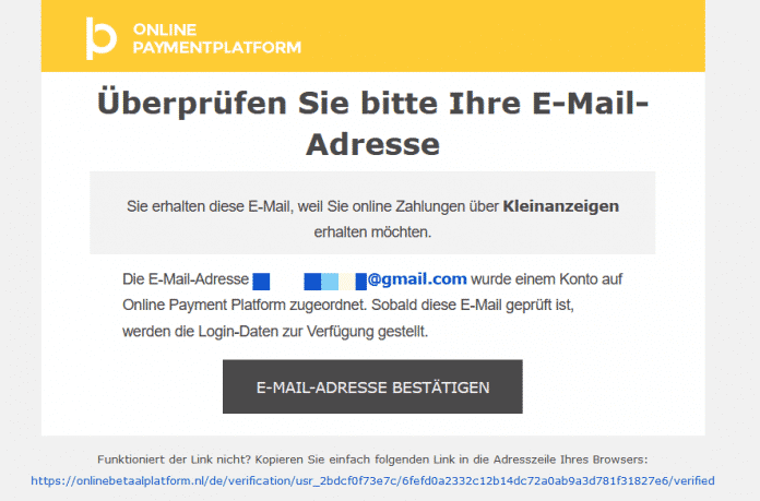 Während Sie &quot;Sicher bezahlen&quot; (unaufgefordert!) in Ihrem Kleinanzeigen-Nutzerkonto einrichten, bekommen Sie zwei Mails des Zahlungsdienstleisters OPP in diesem Stil. Alles andere ist sicher gefälscht., Online Payment Platform