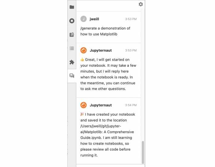 Während Jupyternaut ein neues Notebook generiert, ist der Gesprächsagent weiterhin ansprechbar.​