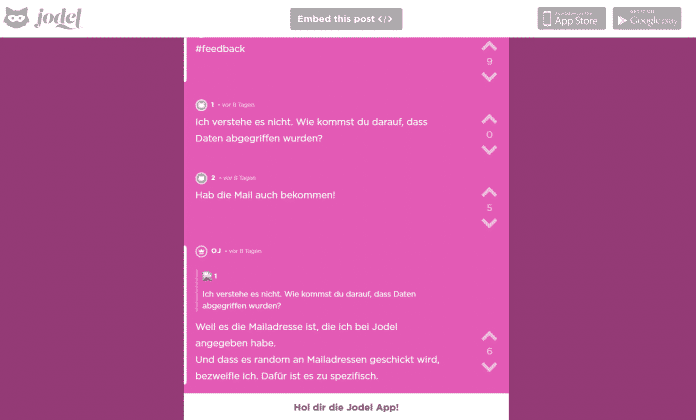 Jodel, in dem steht, dass Daten von E-Mail-Adressen abgeflossen sind