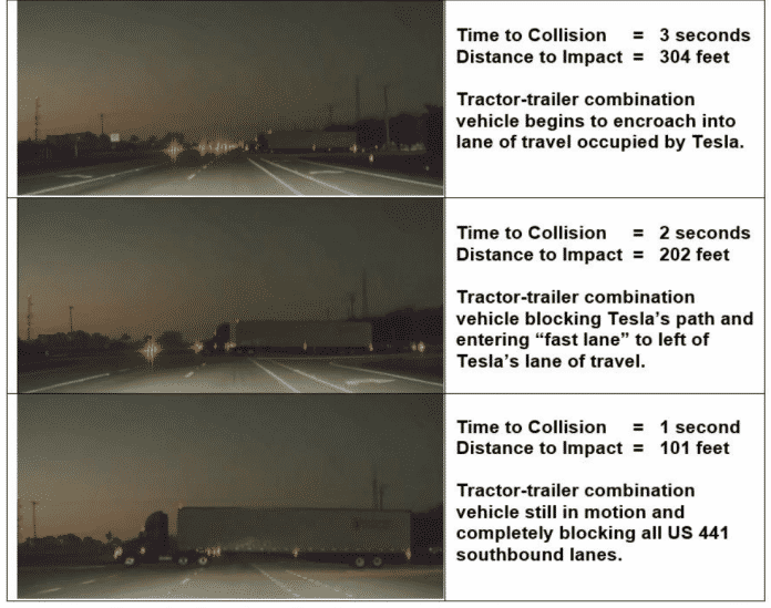 Drei Bilder der Frontkamera des Model 3 zeigen den in die Kreuzung einfahrenden Sattelzug