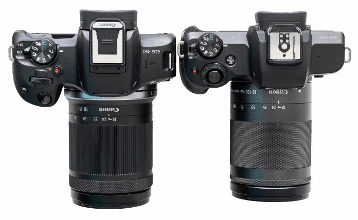 Die Unterschiede zwischen der Canon EOS R50 (links) und der EOS M50 erkennt man erst beim näheren Hinsehen. Dabei handelt es sich um Kameras aus zwei unterschiedlichen Modellreihen und -generationen., 