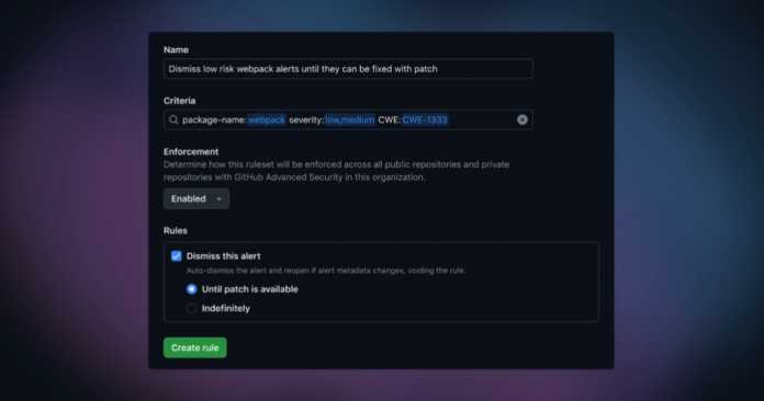 Diese Auto-Triage-Regel dient dem Ignorieren bestimmter Dependabot-Warnungen, bis ein Patch vorliegt. 