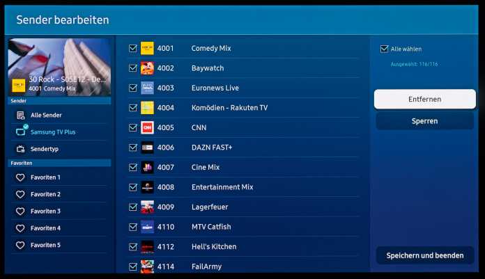 Im Menü zur Senderkonfiguration können Sie Samsungs werbefinanzierte TV-Plus-Programme vom Fernseher verbannen., 