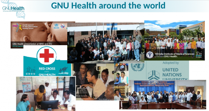 Presentation slide on the worldwide use of GNU Health