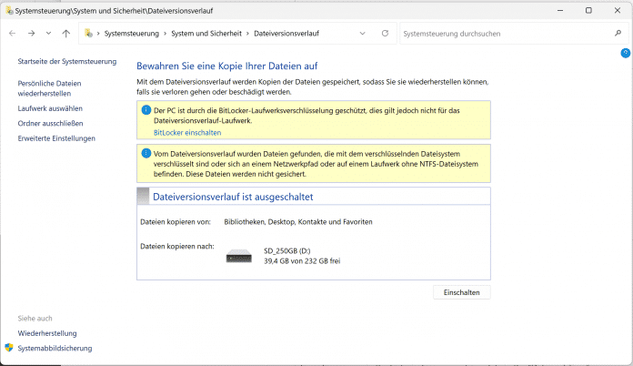 Screenshot vom Windows Dateiversionsverlauf