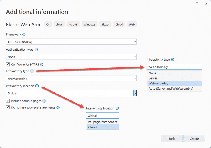 Diese neuen Optionen bietet die Projektvorlage &quot;Blazor Web App&quot; (Abb. 1). 