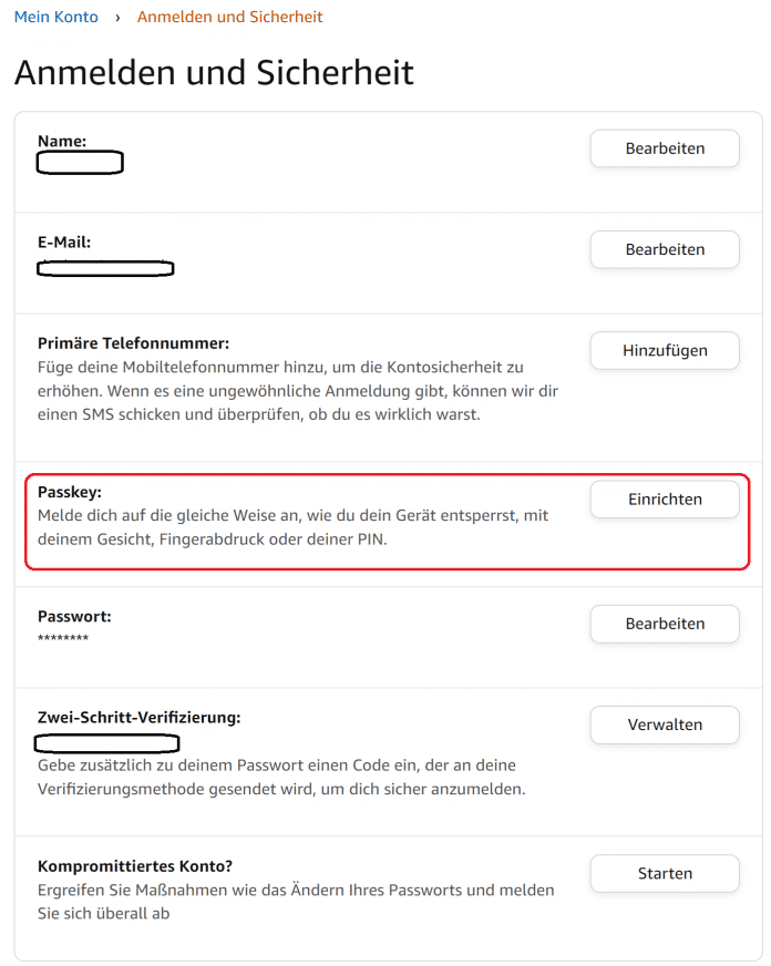 Amazon Kontoeinstellungen mit Passkeys-Option