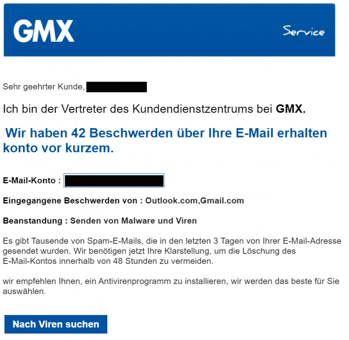 Screenshot der Phishing-Mail mit GMX-Optik