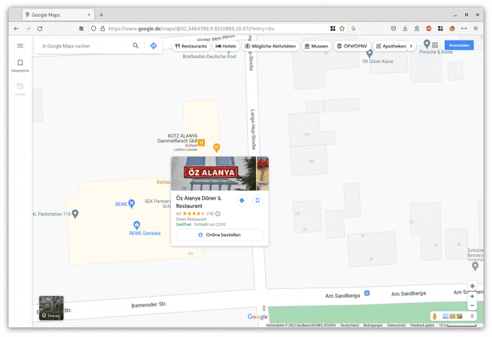 !!!Ggf. Bonus-Bild!!!Das in unmittelbarer Nähe platzierte Fake-Profil sorgt in niedrigeren Zoom-Stufen dafür, dass der Originaleintrag des Öz Alanya von der Werbeanzeige verdeckt wird., Google Maps