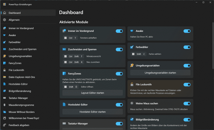 Screenshot della nuova dashboard di Powertoys