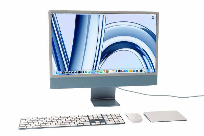 Tastatur, Maus, Trackpad und Kabel sind auf die Vorderseite des iMacs 24&quot; farblich abgestimmt., 