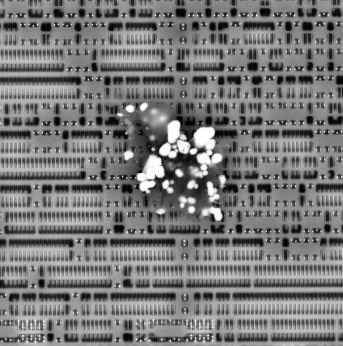 Ein Staubkorn auf einem Mikrochip unter dem Rasterelektronenmikroskop: Der Analyst erkennt schnell, dass er es hier nicht mit einem Hardware-Trojaner zu tun hat., RUB