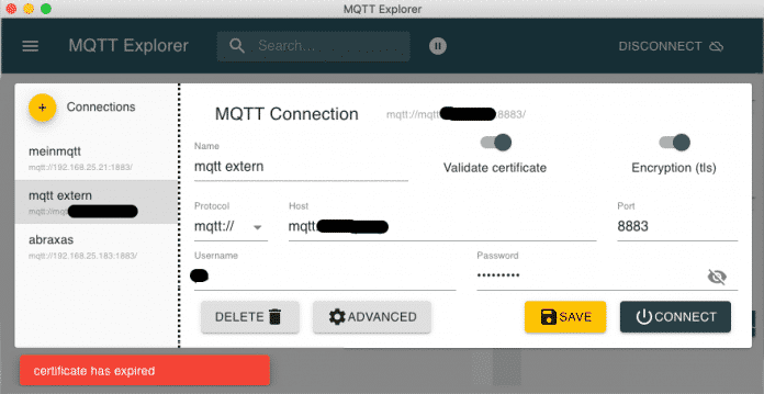 Wenn MQTT Explorer meckert, dass das Zertifikat des Servers abgelaufen sei, kann das eine falsche Fährte sein., 