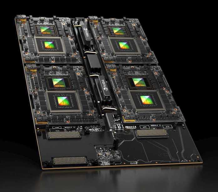 Vierfachmodul Nvidia Quad GH200 mit je vier Grace- und Hopper-Chips, die untereinander vernetzt sind.​