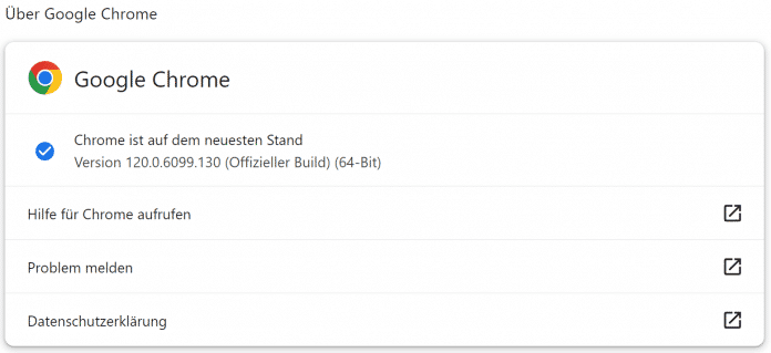 Screenshot vom Google Chrome Versionsdialog