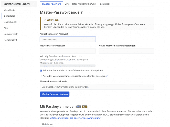 Screenshot Bitwarden Web-App, Kontoeinstellungen