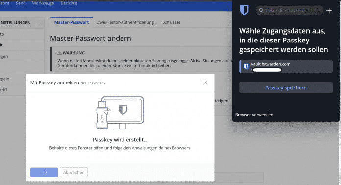 Screenshot der Passkey Erstellung und -Speicherung