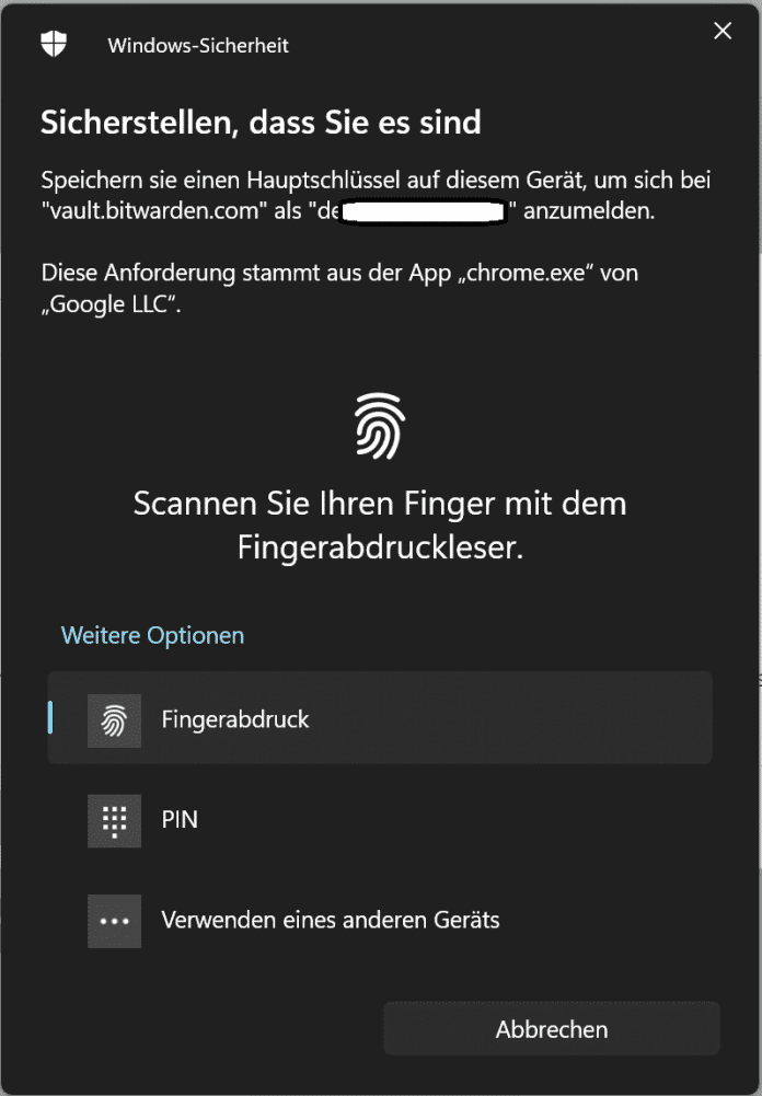 Screenshot Windows Hello zur Passkey Verwaltung