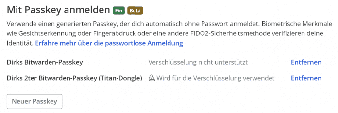 Screenshot eingerichtete Passkeys in Bitwarden Web-App