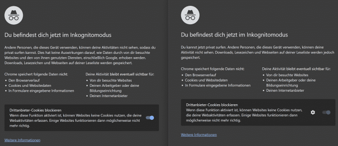 Neuer (links) und alter (rechts) Text zum Inkognitomodus von Chrome