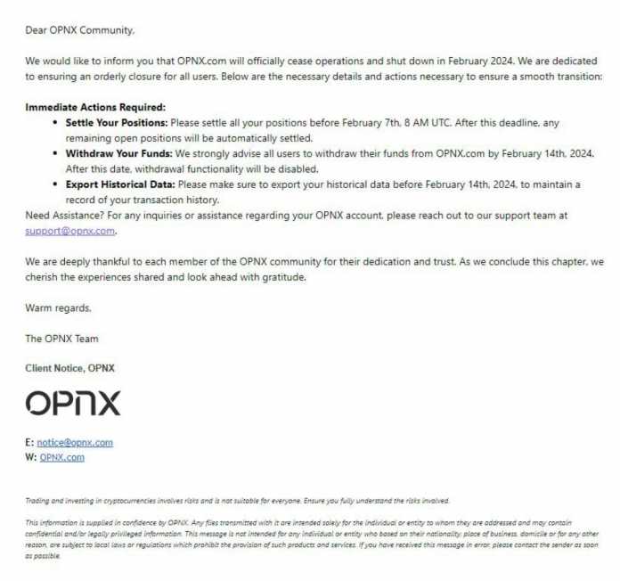 Screenshot der Ankündigung, dass OPNX schließt