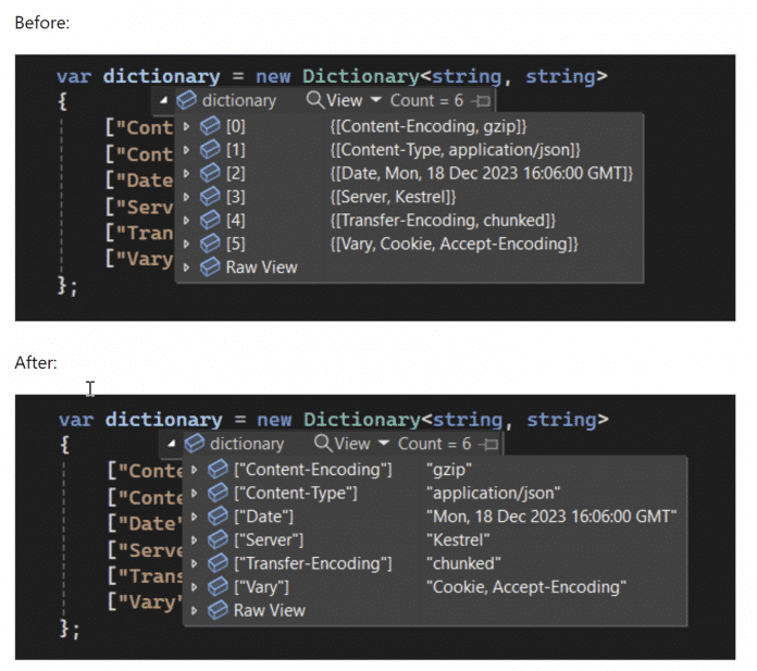 Verbesserte Debugger-Ansicht von Dictionary-Klassen in .NET 9.0 Preview 1