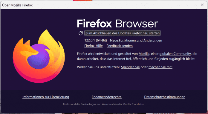 Cuadro de diálogo de la versión de Firefox con solicitud de reinicio
