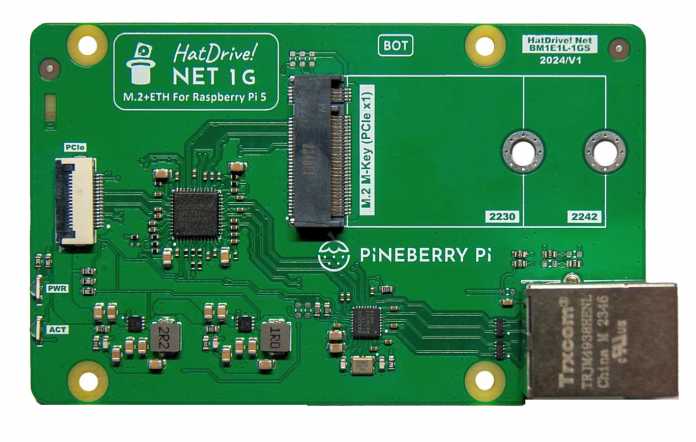 Der Adapter Pineberry Pi HatDrive! NET 1G verbindet eine M.2-Fassung sowie einen Gigabit-Ethernet-Chip via PCIe-Switch mit dem Raspi 5.