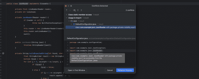 The beta for IntelliJ IDEA 2024.1 refreshes the conflicts found dialog. 