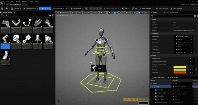 Screenshot from the editing program Unreal Engine - the schematic of a female figure is being added with details