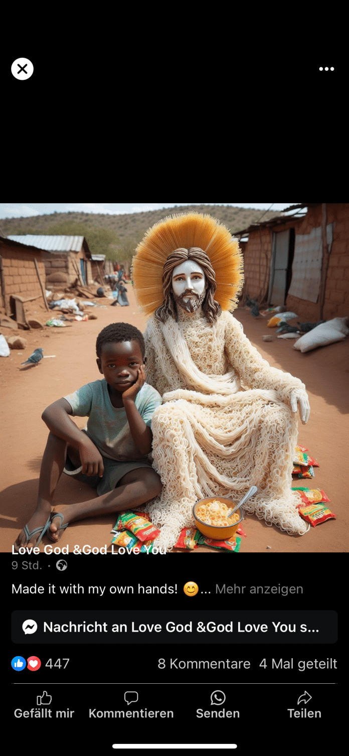Jesus aus Nudeln neben einem Kind. 