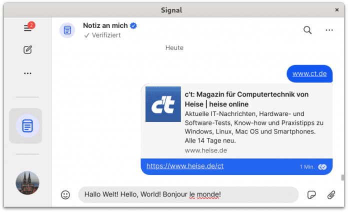Die Rechtschreibkorrektur von Signals Desktop-App kann mit mehreren Sprachen umgehen. Hier kennt das Programm Deutsch und Englisch, aber kein Französisch., 