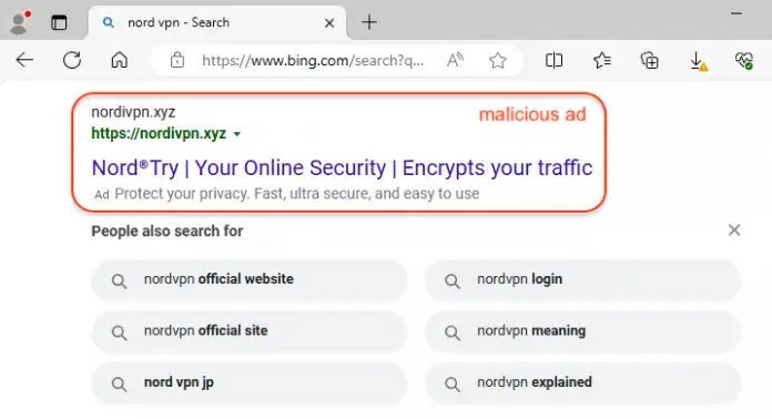 Werbung auf Bing für eine gefälschte NordVPN-Webseite