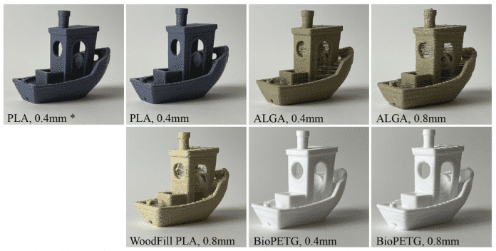 Eine Grafik, die ein kleines 3D-gedrucktes Schiff zeigt. Es ist mit verschiedenen Materialien gedruckt. Alle Drucke sind vollständig.