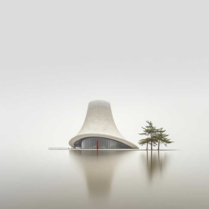 KI trifft Architektur – die &quot;Iconic Islands&quot; zeigen minimalistische Inseln mit Fantasiebauten im Stil renommierter Architekten, hier von der irakisch-britischen Architektin Zaha Hadid., Ronny Behnert