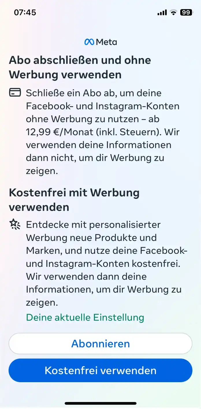Overlay-Fenster zu Meta-Abo