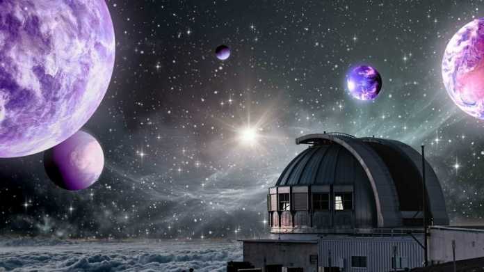 Renderbild Observatorium und violette Planeten
