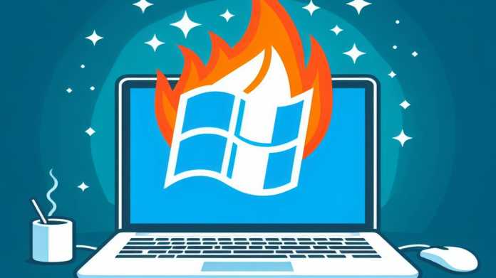 Stilisierte Grafik: Brennendes Windows-Logo auf einem Laptop