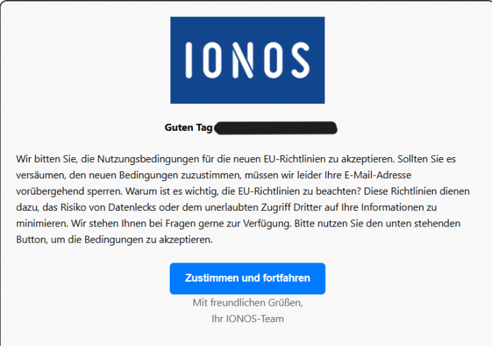 Phishing-Nachricht mit Ionos-Logo