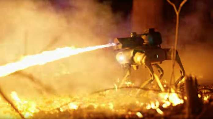 Ein Roboterhund mit aufgesetztem Flammenwerfer spuckt Feuer.