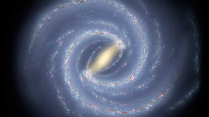 Zeichnung einer Spiralgalaxie mit einem gelben Balken im Zentrum