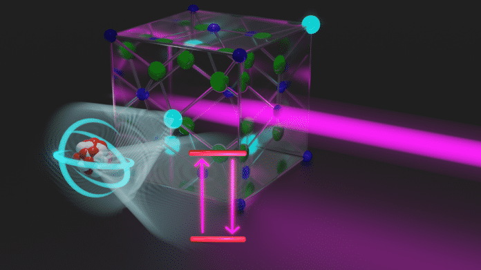 GErenderte Darstellung eines Kristallgitters und eines Lasers, der hineingestrahlt wird.