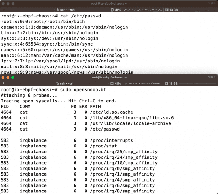 opensnoop.bt läuft im Vordergrund und listet alle Dateisystemoperationen mit open()-Calls auf. Der cat-Befehl auf die /etc/passwd-Datei wird erkannt (Abb. 2)., 