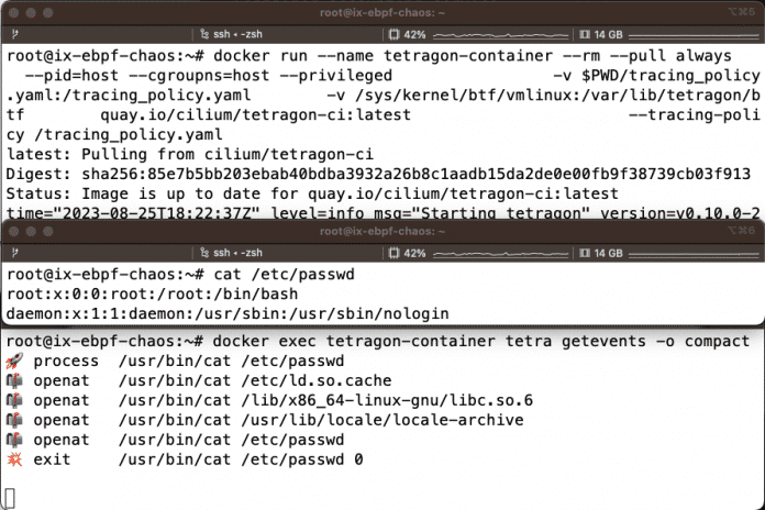 Cilium Tetragon in Docker, mit einer Tracing Policy, die den cat-Befehl ausgibt, wenn Dateien geöffnet werden (Abb. 6)., 