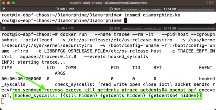 Tracee hat überschriebene Syscalls erkannt: kill, getdents, getdents64 (für Directory-Listings). Der Angreifer hat seinen Namen allerdings versteckt (Abb. 7)., 