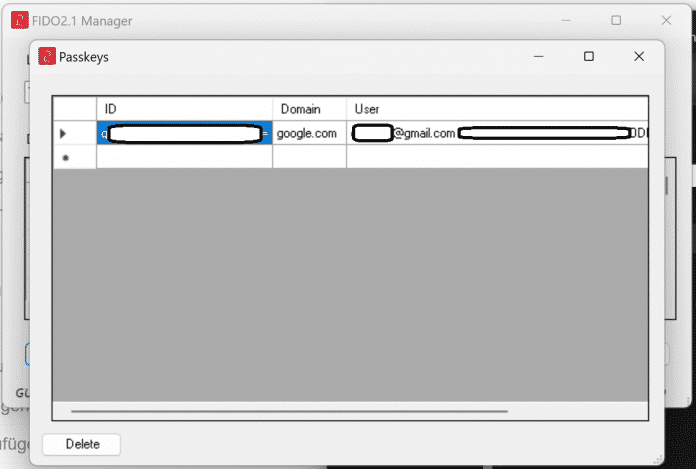 Oberfläche der Passkey-Verwaltung