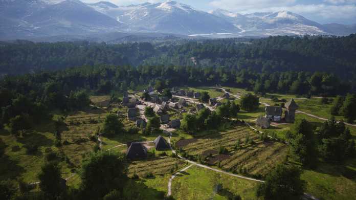 Screenshot aus "Manor Lords" zeigt mittelalterliches Dorf