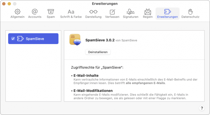 Eine neu programmierte Erweiterung ermöglicht unter macOS Sonoma das Zusammenspiel von SpamSieve mit Apple Mail., 
