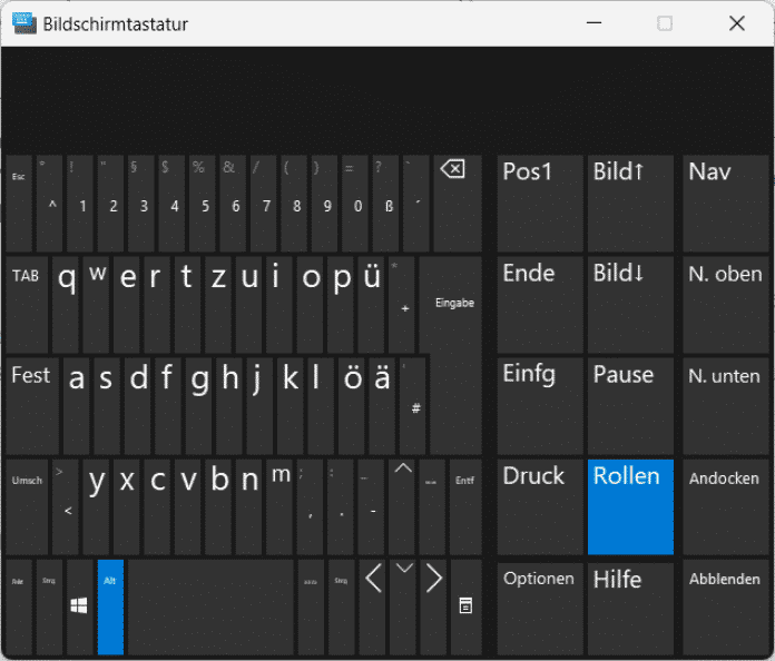 Die Scroll-Lock-Funktion (&quot;Rollen&quot;, rechts in blau) kann man auf Notebooks ohne physische Taste dafür per Bildschirmtastatur leicht deaktivieren., 