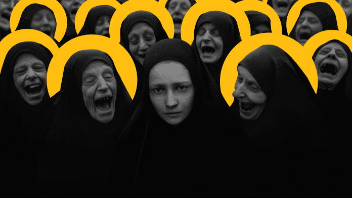 Renderbild Nonnen vor gelbem Hintergrund